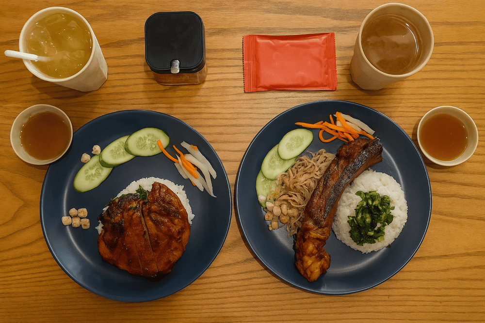 The combo of grilled pork chop and rib, topped with full sides, is a top pick for those wanting the complete broken rice experience